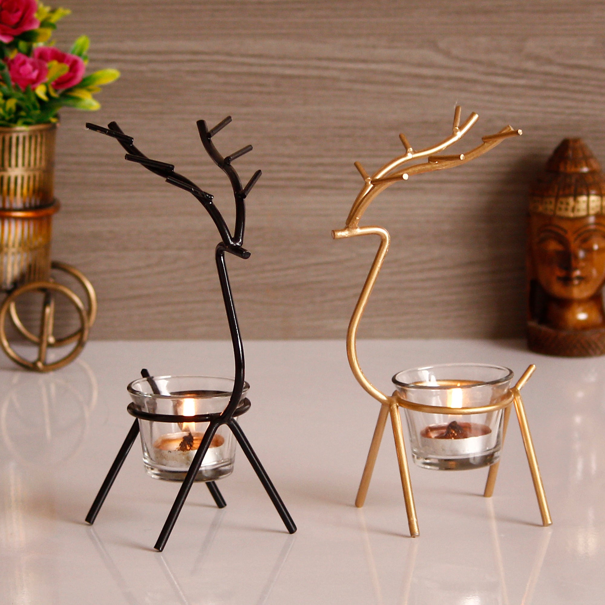 Set of 2 Deer Shape Decorative Handcrafted Metal Tea Light Holders